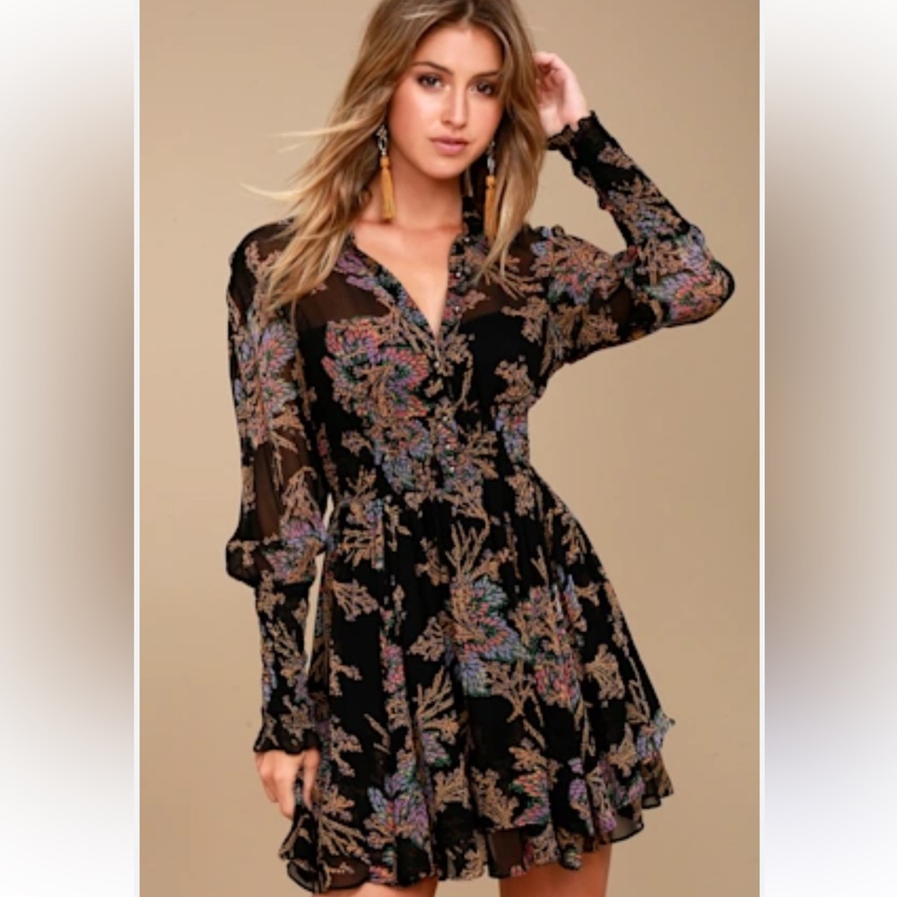 NWOT Free People Fake Pretend Black Floral Print Long Sleeve Mini Dress Size S